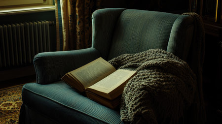 A serene reading nook featuring a comfortable chair, an open book, and a soft blanket, illuminated by gentle light, creating a perfect environment for relaxation and reflection.の素材