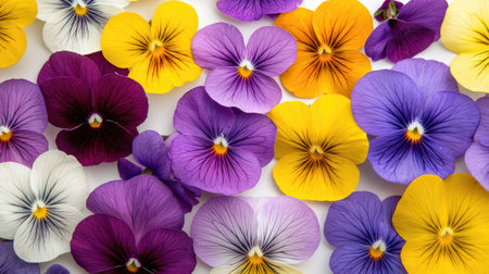 A breathtaking array of vibrant pansy flowers showcasing various colors, including shades of purple and yellow, perfect for nature lovers and floral enthusiasts.の素材