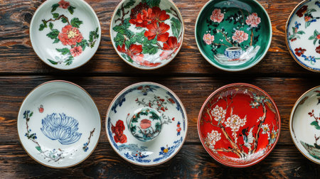 A vibrant collection of colorful ceramic bowls featuring intricate floral designs, elegantly arranged on a rustic wooden table, perfect for showcasing craftsmanship and decor.の素材