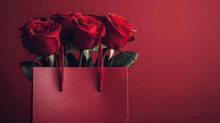 A stunning arrangement of red roses is beautifully displayed in a red gift bag against a romantic background. Perfect for celebrating love and special occasions.の素材