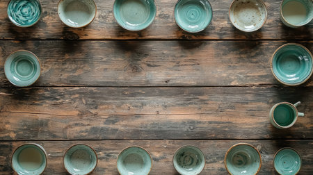 A rustic wooden table showcases an artistic arrangement of handcrafted ceramic bowls and mugs in soothing blue and green tones, perfect for home decor.の素材