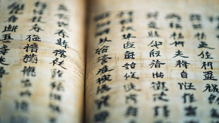 Close-up of an ancient manuscript featuring intricate handwritten text, showcasing the beauty of cultural heritage and the art of calligraphy on aged paper.の素材