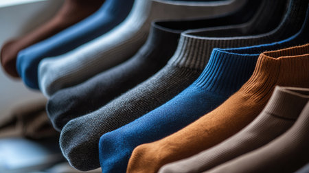 A visually appealing display of assorted colorful socks, showcasing a variety of textures and colors. Perfect for fashion and retail contexts, highlighting modern apparel.の素材