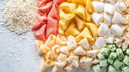 This stunning display features an array of colorful pasta shapes and rice grains arranged artistically. It highlights culinary diversity and creativity, perfect for food enthusiasts.の素材