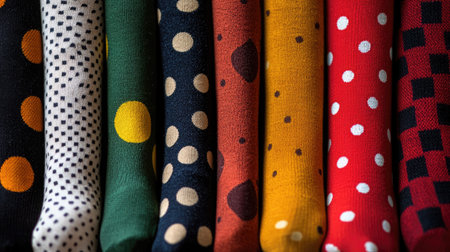 Vibrant display of colorful cotton fabrics featuring various polka dots and geometric patterns. Ideal for design projects, crafts, and creative inspiration.の素材