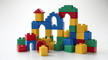 This image showcases a vibrant arrangement of building blocks ideal for stimulating creativity in children. Perfect for educational play and skill development.の素材