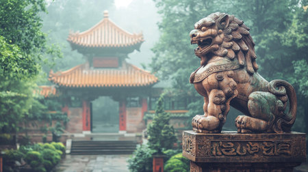 An impressive stone lion statue stands guard at the entrance of a tranquil Asian temple, enveloped in morning fog and surrounded by lush greenery.の素材