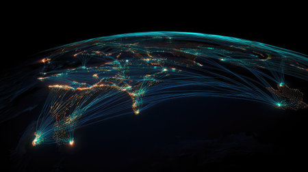 A stunning visualization of global connectivity with illuminated lines showcasing network connections across regions. The vibrant design captures the essence of modern technology and communication.の素材