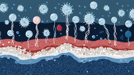 This detailed digital illustration depicts various viruses interacting with a biological layer, showcasing the complexity of microscopic life forms in a vibrant, educational format.の素材