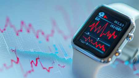 A close-up view of a smartwatch showcasing health metrics, including heart rate and ECG trends on a vibrant screen. Perfect for technology and wellness themes.の素材