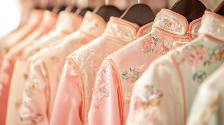This image features a collection of elegant traditional garments displayed on hangers, showcasing intricate embroidery and soft pastel colors in a serene setting.の素材