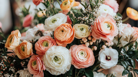 A stunning floral arrangement featuring soft-hued ranunculus flowers, perfect for enhancing any space, event, or celebration with vibrant colors and natural beauty.の素材