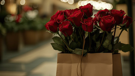 A stunning close-up of vibrant red roses elegantly arranged in a brown paper bag, showcasing their beauty and freshness. Perfect for romantic occasions.の素材