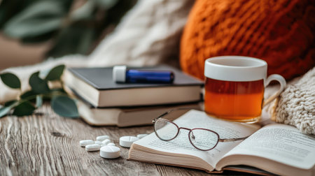 A serene reading corner featuring a warm cup of tea, glasses, open books, and medicinal items, creating a perfect environment for relaxation and self-care.の素材