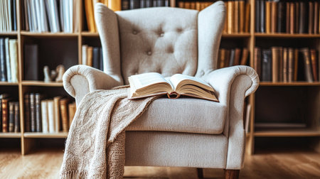 A cozy reading chair with an open book and a warm blanket showcases a perfect scene for leisure and introspection in a stylish library setting.の素材