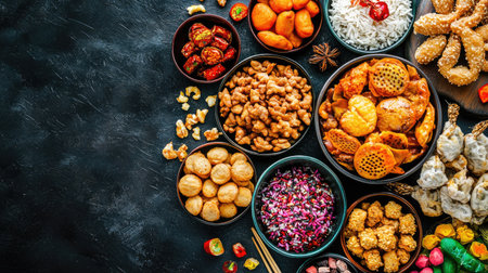 A vibrant spread of diverse Asian cuisine featuring colorful dishes and ingredients arranged on a textured surface, perfect for a festive gathering.の素材