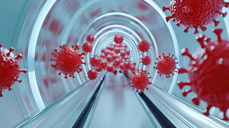 High-quality 3D visualization of red virus particles flowing through a digital tunnel, representing microscopic biology and viral dynamics. Ideal for science and health projects.の素材