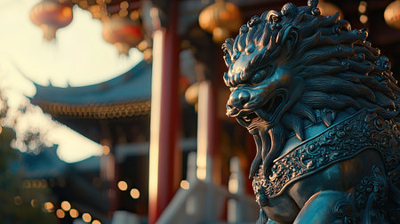 A stunning bronze lion statue stands proudly outside a Chinese temple, adorned with lanterns. The serene atmosphere highlights cultural richness and intricate craftsmanship.の素材