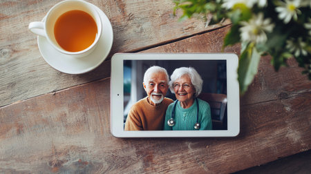 A joyful elderly couple smiles happily at each other on a tablet, symbolizing connection and love. A cup of tea rests nearby, enhancing the cozy atmosphere.の素材