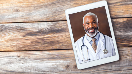 A cheerful doctor shown on a tablet screen rests on a rustic wooden table, representing modern healthcare solutions and telemedicine for patient consultations.の素材