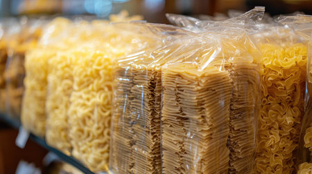 A colorful assortment of packaged pasta displayed on a grocery shelf. Each type showcases unique shapes and textures, perfect for culinary enthusiasts.の素材