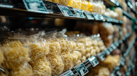 A visually appealing display of various types of packaged noodles in a supermarket aisle, highlighting the convenience and variety available for meal preparation.の素材