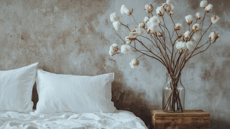 A serene and inviting bedroom featuring soft pillows and a rustic vase with cotton branches. The neutral wall adds a calming touch, perfect for stylish home decor.の素材