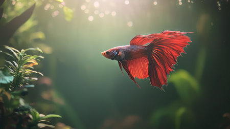 A stunning image of a betta fish gracefully swimming among lush green plants in a clear aquatic environment, showcasing vibrant colors and peaceful tranquility.の素材