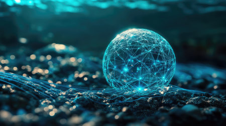 A glowing digital sphere floats above a shimmering water surface, showcasing intricate network connections, symbolizing technology and innovation.の素材