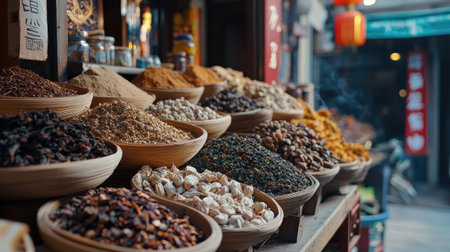 Explore a vibrant array of spices displayed in bowls at a traditional market. This image captures the rich colors and textures of various herbs and seasonings, inviting culinary creativity.の素材