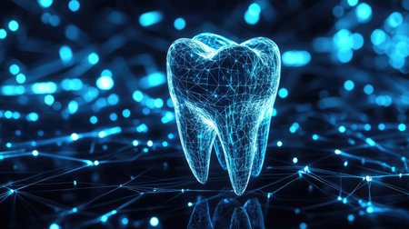 Abstract digital illustration featuring a glowing blue tooth set against a network backdrop. The design symbolizes dental health and technological advancement.の素材