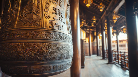 This captivating image features a detailed bronze bell hanging in the serene interior of an ancient wooden temple, showcasing intricate craftsmanship and cultural significance.の素材