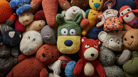 A vibrant assortment of colorful plush toys and stuffed animals, showcasing various textures and designs, perfect for children's playtime or decorative needs.の素材