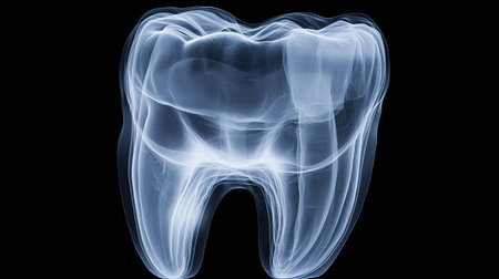 This image showcases a detailed radiographic representation of a human tooth, highlighting its anatomy for educational and healthcare purposes.の素材