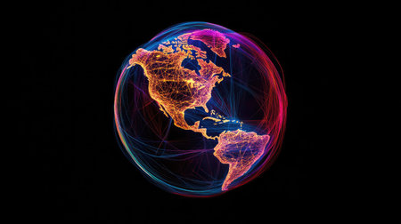 A stunning abstract image showcasing a vibrant globe illuminated by colorful lines, symbolizing connectivity and data flow in a modern world.の素材