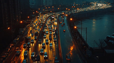 An aerial view of a bustling urban road at night, showcasing traffic in rainy weather with vibrant city lights reflecting off the wet asphalt.の素材