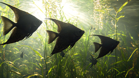 A captivating scene featuring graceful fish swimming through sunlit underwater plants, showcasing the beauty and tranquility of aquatic life in their natural habitat.の素材