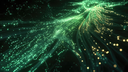 An abstract representation of light trails in vivid green and gold, creating a mesmerizing visual effect. Perfect for technology and design themes.の素材