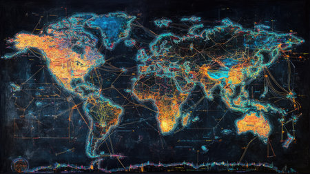 This vibrant world map features an abstract design showcasing connections and networks across the globe. Ideal for travel, technology, and educational themes.の素材