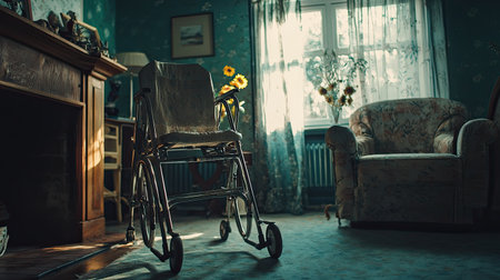 A tranquil living room scene featuring a wheelchair beside a floral armchair. Sunlight streams through the window, creating a calm and inviting atmosphere perfect for reflection and care.の素材