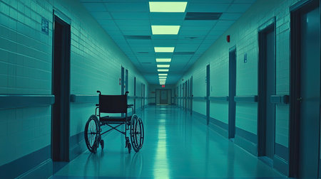 A solitary wheelchair rests in a long, dimly lit hospital corridor, creating a haunting atmosphere. The empty space evokes feelings of isolation and contemplation.の素材