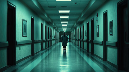 A mysterious figure stands alone in a dimly lit hospital corridor, surrounded by eerie shadows and an unsettling stillness. This haunting scene evokes feelings of isolation and uncertainty.の素材