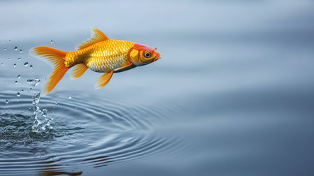 A vibrant goldfish leaps out of smooth water, creating splashes and ripples. The moment captures the beauty and energy of aquatic life in nature.の素材
