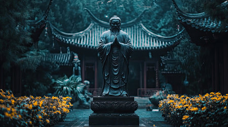 Discover a tranquil garden featuring a serene Buddha statue surrounded by vibrant flowers and lush greenery, creating a peaceful atmosphere for reflection and meditation.の素材