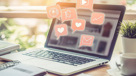 A modern laptop surrounded by social media communication icons symbolizes digital interaction. The warm light background enhances a creative workspace atmosphere.の素材