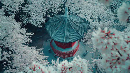 A tranquil scene showcasing a beautiful pagoda surrounded by vibrant cherry blossom trees in full bloom. This picturesque spring landscape invites peace and reflection.の素材