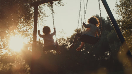 Two children enjoy a carefree moment swinging on a playground during sunset. The silhouettes highlight their joy and innocence amidst a beautiful outdoor setting.の素材
