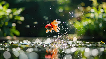 A stunning image of a goldfish leaping out of water, creating a splash, surrounded by lush greenery. The sunlight enhances the vibrant colors, capturing a moment of joy.の素材