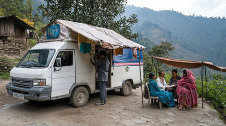 A mobile unit serving as a community hub facilitates outreach services in a picturesque rural setting. Locals engage in meaningful conversations while enjoying nature.の素材