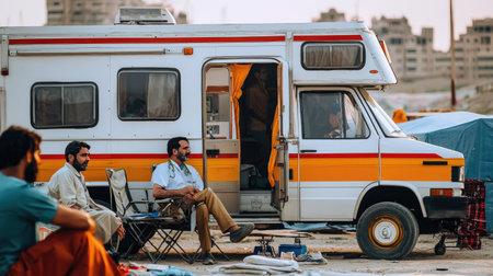 A vintage camper van set in a desert landscape captures the essence of adventure and relaxation, showcasing people enjoying their time together in serene surroundings.の素材
